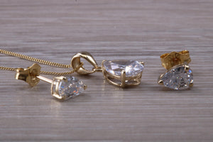 Tear Drop cut Yellow Gold C Z set Diamond Look Earrings and Matching Necklace