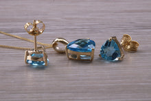 Load image into Gallery viewer, Trillion cut Swiss Blue Topaz Matching Earrings and Necklace set in Yellow Gold