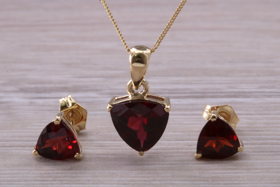 Trillion cut Garnet Earrings and Matching Necklace set in Yellow Gold