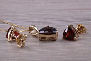 Trillion cut Garnet Earrings and Matching Necklace set in Yellow Gold