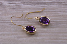 Load image into Gallery viewer, Natural Oval cut Amethyst dropper earrings, set in solid 9ct Yellow gold