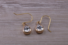 Load image into Gallery viewer, Tear Drop cut Diamond White Cubic Zirconia set Dropper Earrings, set in Yellow gold