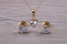 Load image into Gallery viewer, Love Heart cut Yellow Gold C Z set Diamond Look Earrings and Matching Necklace