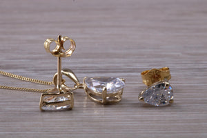 Tear Drop cut Yellow Gold C Z set Diamond Look Earrings and Matching Necklace