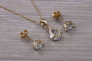 Tear Drop cut Yellow Gold C Z set Diamond Look Earrings and Matching Necklace