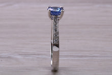 Load image into Gallery viewer, One carat Ceylon Blue Sapphire and Diamond set ring, natural Sapphire and Diamonds, guaranteed Ceylon Sapphire, Platinum or 18ct Yellow Gold