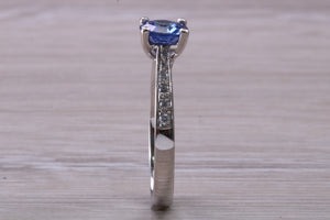 One carat Ceylon Blue Sapphire and Diamond set ring, natural Sapphire and Diamonds, guaranteed Ceylon Sapphire, Platinum or 18ct Yellow Gold