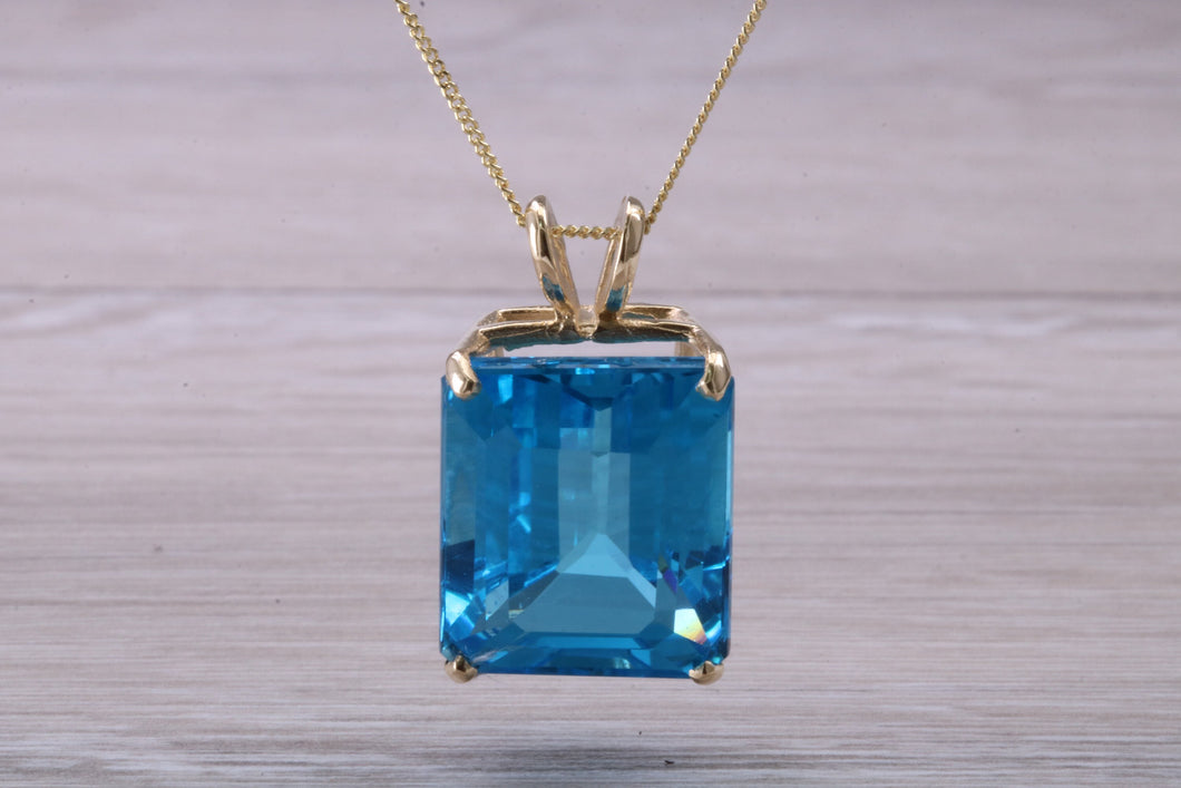 15ct Large Blue Topaz set Yellow Gold Solitaire Necklace