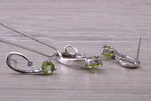 Load image into Gallery viewer, 9ct White Gold Peridot and White C Z set Earrings and Necklace