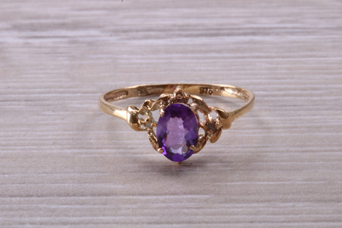 Dainty natural Amethyst and Diamond gemstone ring, solid 9ct Yellow Gold with British hallmark