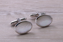 Load image into Gallery viewer, Natural Mother of Pearl set Gentleman&#39;s Cufflinks. made from solid sterling silver, traditional cufflinks with swivel back fittings.