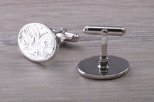 Load image into Gallery viewer, Large hand Engraved Gentleman's Cufflinks. Oval profile, made from solid sterling silver traditional cufflinks with swivel back fittings.