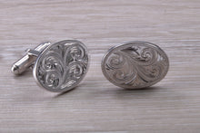 Load image into Gallery viewer, Large hand Engraved Gentleman's Cufflinks. Oval profile, made from solid sterling silver traditional cufflinks with swivel back fittings.