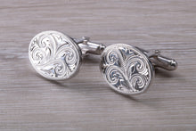Load image into Gallery viewer, Large hand Engraved Gentleman's Cufflinks. Oval profile, made from solid sterling silver traditional cufflinks with swivel back fittings.