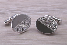 Load image into Gallery viewer, Large hand Engraved Gentleman's Cufflinks. Oval profile, made from solid sterling silver traditional cufflinks with swivel back fittings.