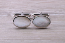 Load image into Gallery viewer, Natural Mother of Pearl set Gentleman&#39;s Cufflinks. made from solid sterling silver, traditional cufflinks with swivel back fittings.