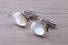 Load image into Gallery viewer, Natural Mother of Pearl set Gentleman&#39;s Cufflinks. made from solid sterling silver, traditional cufflinks with swivel back fittings.
