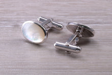 Load image into Gallery viewer, Natural Mother of Pearl set Gentleman&#39;s Cufflinks. made from solid sterling silver, traditional cufflinks with swivel back fittings.