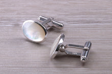 Load image into Gallery viewer, Natural Mother of Pearl set Gentleman&#39;s Cufflinks. made from solid sterling silver, traditional cufflinks with swivel back fittings.