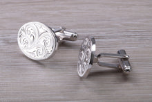 Load image into Gallery viewer, Large hand Engraved Gentleman's Cufflinks. Oval profile, made from solid sterling silver traditional cufflinks with swivel back fittings.