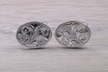 Load image into Gallery viewer, Large hand Engraved Gentleman's Cufflinks. Oval profile, made from solid sterling silver traditional cufflinks with swivel back fittings.