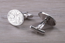 Load image into Gallery viewer, Large hand Engraved Gentleman's Cufflinks. Oval profile, made from solid sterling silver traditional cufflinks with swivel back fittings.