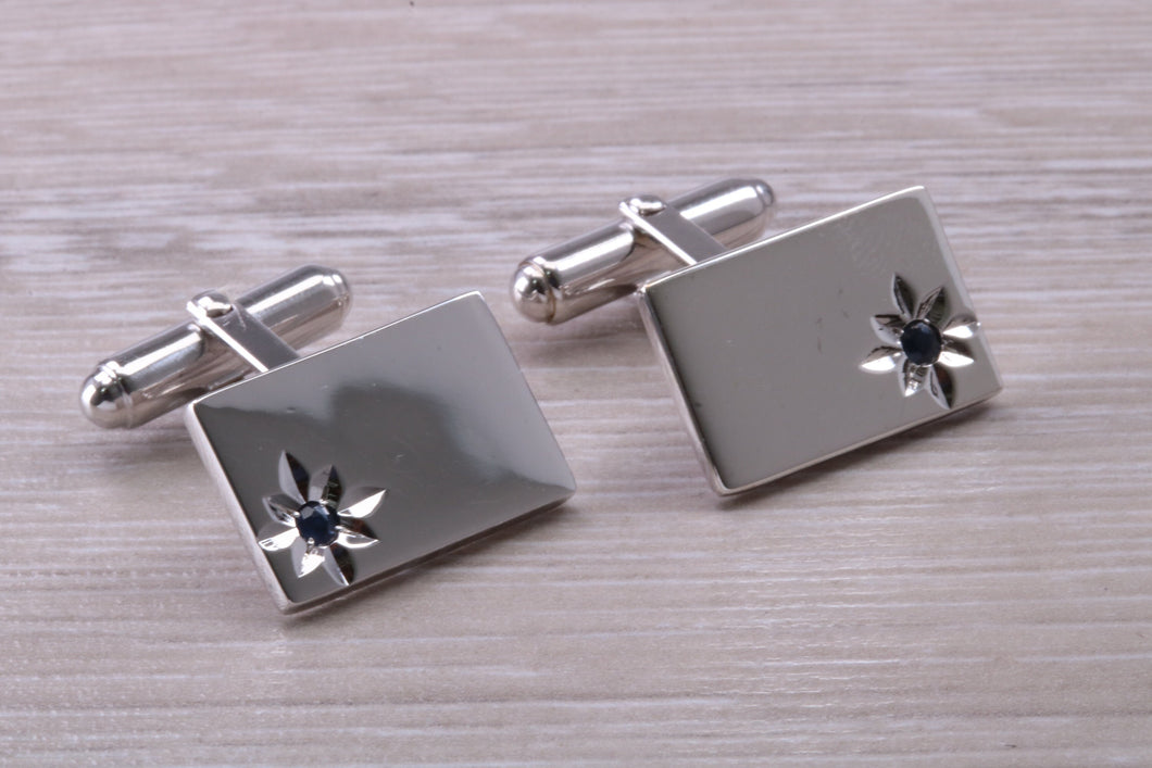 Natural Sapphire set Gentleman's Cufflinks. Rectangle profile, solid sterling silver, traditional cufflinks with swivel back fittings.