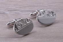 Load image into Gallery viewer, Large hand Engraved Gentleman's Cufflinks. Oval profile, made from solid sterling silver traditional cufflinks with swivel back fittings.
