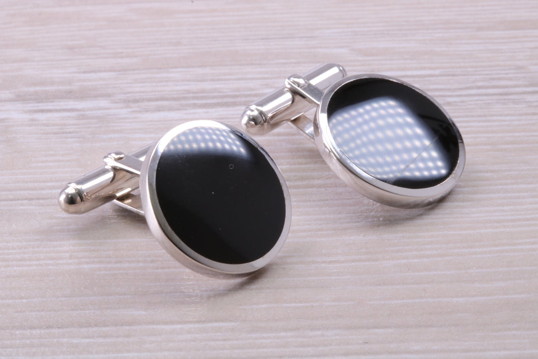 Large Natural Black Onyx set Gentleman's Cufflinks. made from solid sterling silver, traditional cufflinks with swivel back fittings
