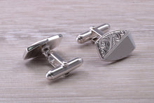 Load image into Gallery viewer, Hand Engraved Gentleman&#39;s Cufflinks. Oval profile, made from solid sterling silver traditional cufflinks with swivel back fittings.