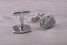 Load image into Gallery viewer, Hand Engraved Gentleman&#39;s Cufflinks. Oval profile, made from solid sterling silver traditional cufflinks with swivel back fittings.