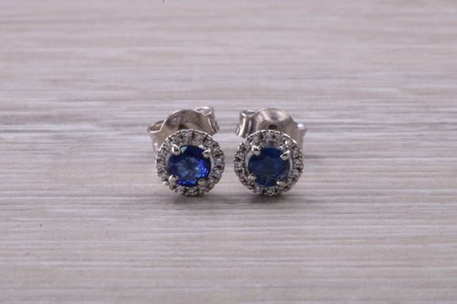 Blue Sapphire and Diamond Halo set Stud Earrings