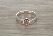 Load image into Gallery viewer, Sterling Silver Pink Sapphire C Z Trilogy Ring