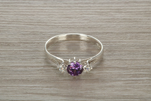 Sterling Silver Amethyst C Z Trilogy Ring