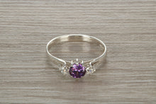 Load image into Gallery viewer, Sterling Silver Amethyst C Z Trilogy Ring
