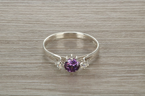 Sterling Silver Amethyst C Z Trilogy Ring