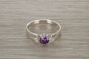 Sterling Silver Amethyst C Z Trilogy Ring