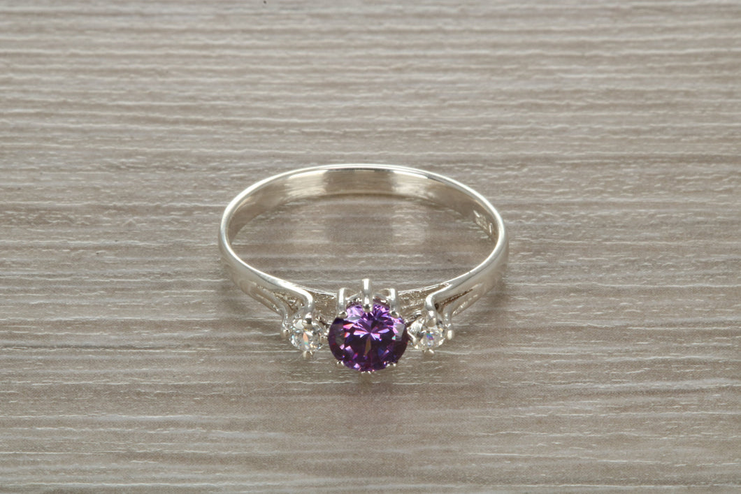 Sterling Silver Amethyst C Z Trilogy Ring