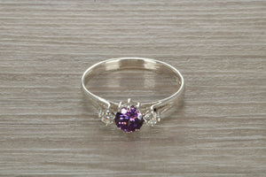 Sterling Silver Amethyst C Z Trilogy Ring