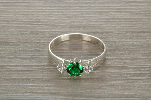 Sterling Silver Emerald Green C Z Trilogy Ring