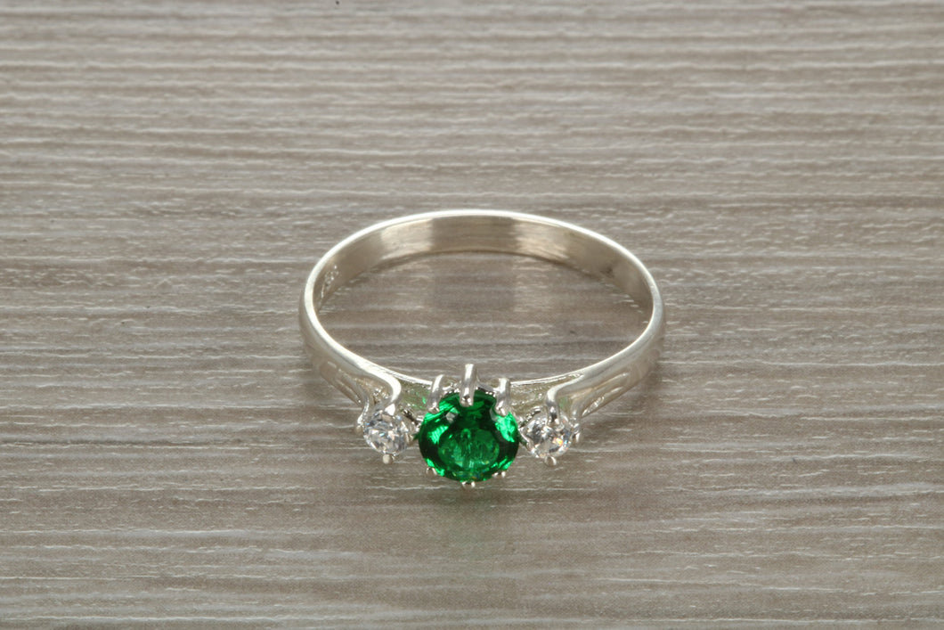 Sterling Silver Emerald Green C Z Trilogy Ring