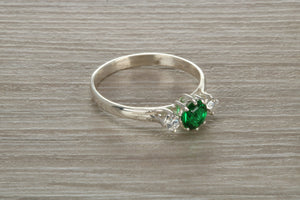 Sterling Silver Emerald Green C Z Trilogy Ring