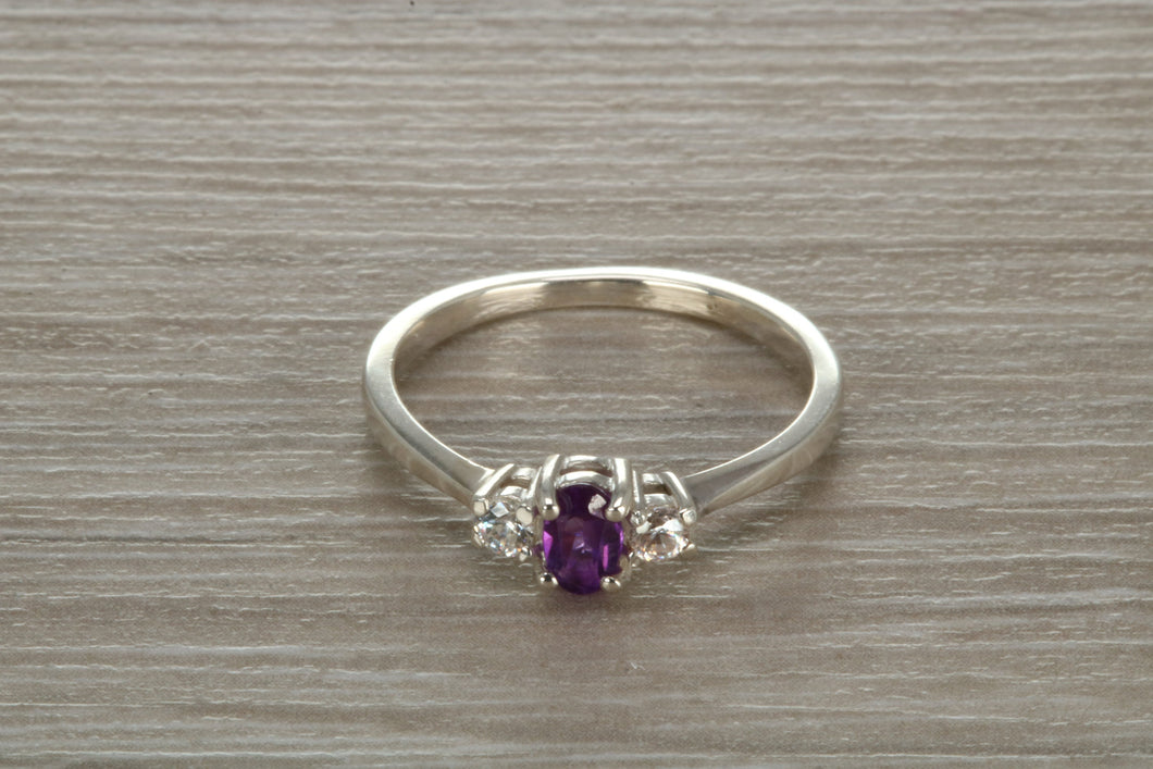 Sterling Silver Amethyst C Z Trilogy Ring