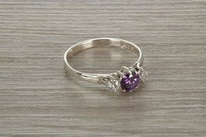 Sterling Silver Amethyst C Z Trilogy Ring