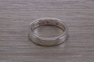 Three Natural Ruby Silver Band, Flat Profile Chunky Ring