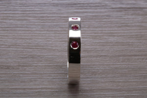 Three Natural Ruby Silver Band, Flat Profile Chunky Ring