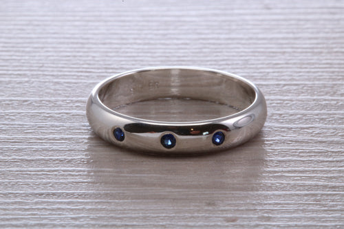 Three Natural Blue Sapphire set Silver Band