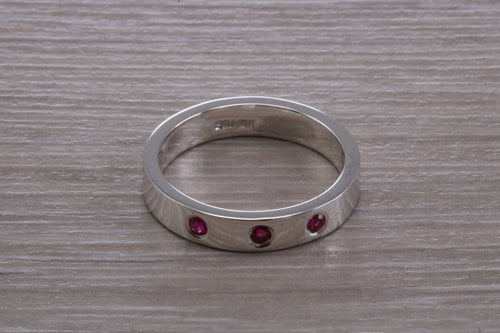 Three Natural Ruby Silver Band, Flat Profile Chunky Ring