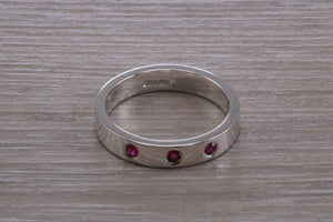 Three Natural Ruby Silver Band, Flat Profile Chunky Ring