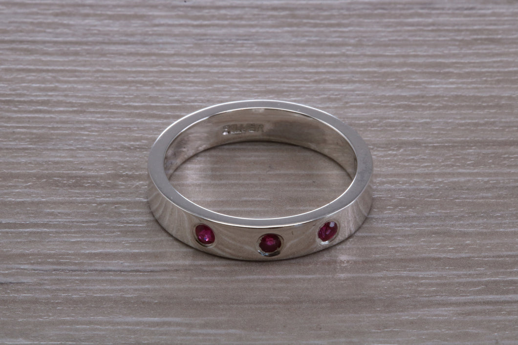 Three Natural Ruby Silver Band, Flat Profile Chunky Ring